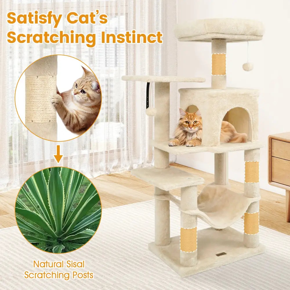 Multi-Level Cat Tower with 2-Door Condo and Padded Top Perch-Beige - Beige - Cat Trees Condos & Scratchers
