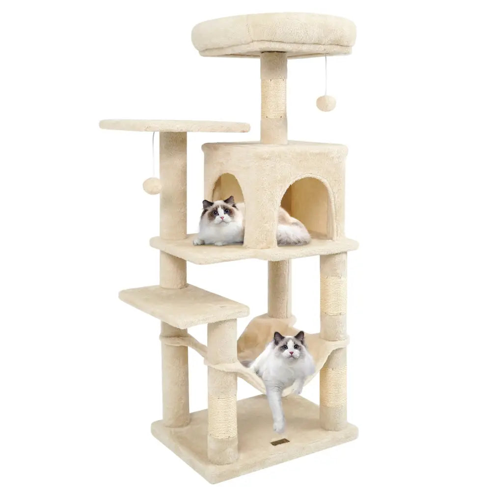 Multi-Level Cat Tower with 2-Door Condo and Padded Top Perch-Beige - Beige - Cat Trees Condos & Scratchers