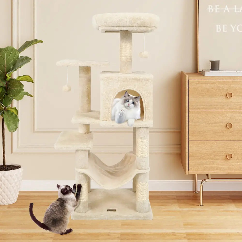 Multi-Level Cat Tower with 2-Door Condo and Padded Top Perch-Beige - Beige - Cat Trees Condos & Scratchers