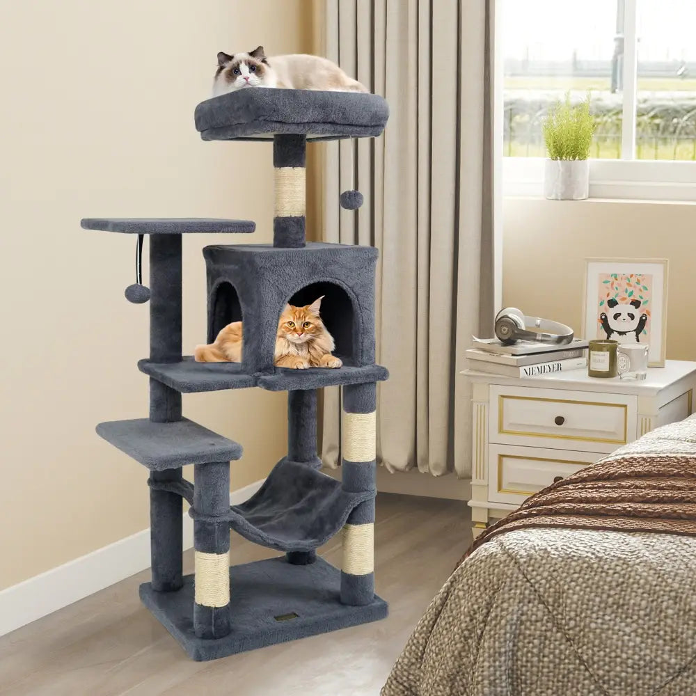 Multi-Level Cat Tower with 2-Door Condo and Padded Top Perch-Gray - Gray - Cat Trees Condos & Scratchers