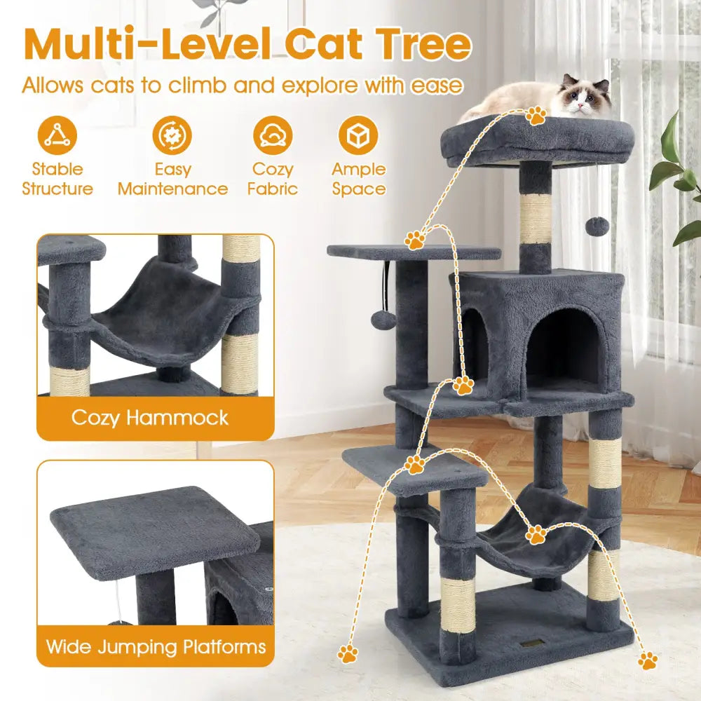 Multi-Level Cat Tower with 2-Door Condo and Padded Top Perch-Gray - Gray - Cat Trees Condos & Scratchers