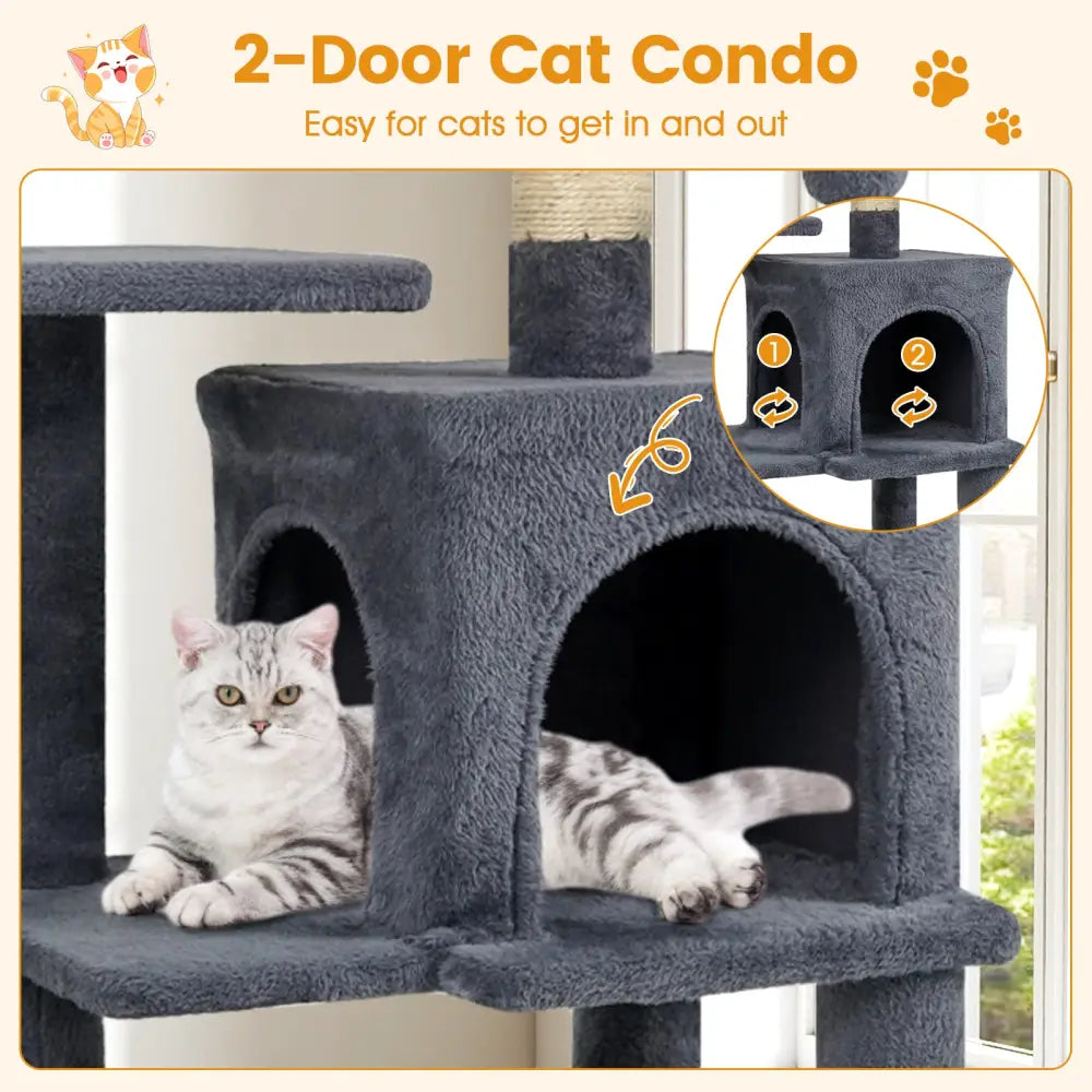 Multi-Level Cat Tower with 2-Door Condo and Padded Top Perch-Gray - Gray - Cat Trees Condos & Scratchers