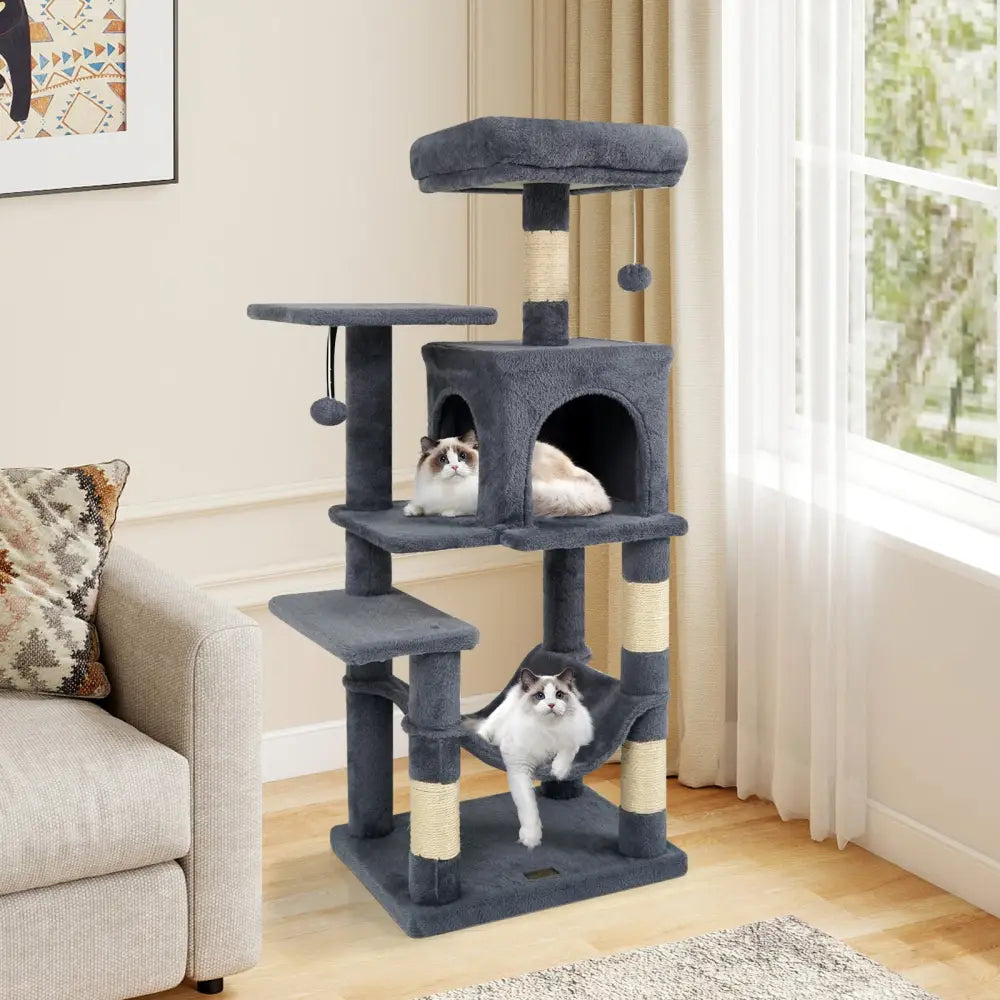 Multi-Level Cat Tower with 2-Door Condo and Padded Top Perch-Gray - Gray - Cat Trees Condos & Scratchers