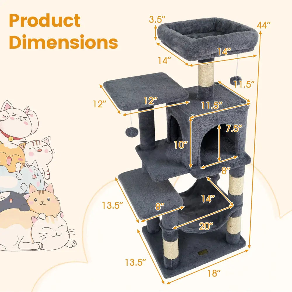 Multi-Level Cat Tower with 2-Door Condo and Padded Top Perch-Gray - Gray - Cat Trees Condos & Scratchers