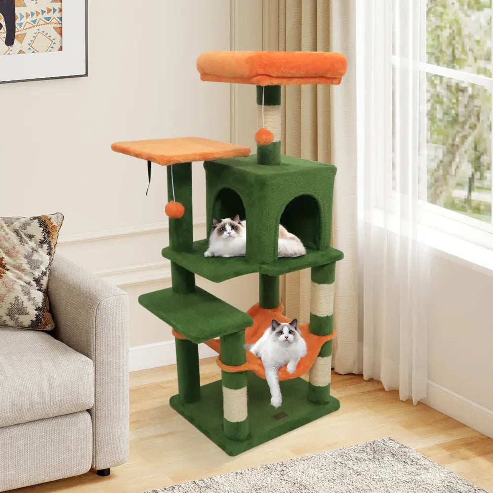 Multi-Level Cat Tower with 2-Door Condo and Padded Top Perch-Green - Green - Cat Trees Condos & Scratchers