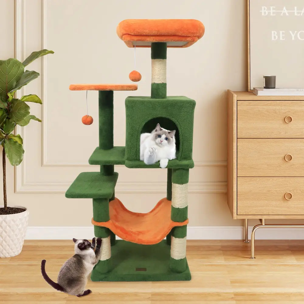 Multi-Level Cat Tower with 2-Door Condo and Padded Top Perch-Green - Green - Cat Trees Condos & Scratchers