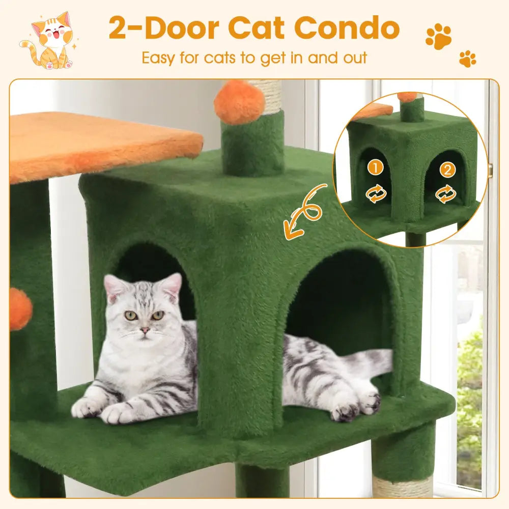 Multi-Level Cat Tower with 2-Door Condo and Padded Top Perch-Green - Green - Cat Trees Condos & Scratchers