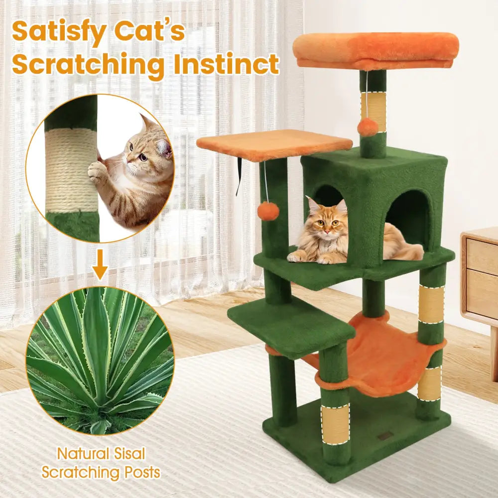 Multi-Level Cat Tower with 2-Door Condo and Padded Top Perch-Green - Green - Cat Trees Condos & Scratchers