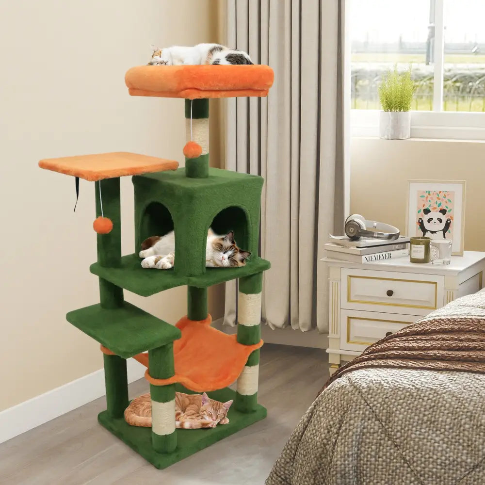 Multi-Level Cat Tower with 2-Door Condo and Padded Top Perch-Green - Green - Cat Trees Condos & Scratchers