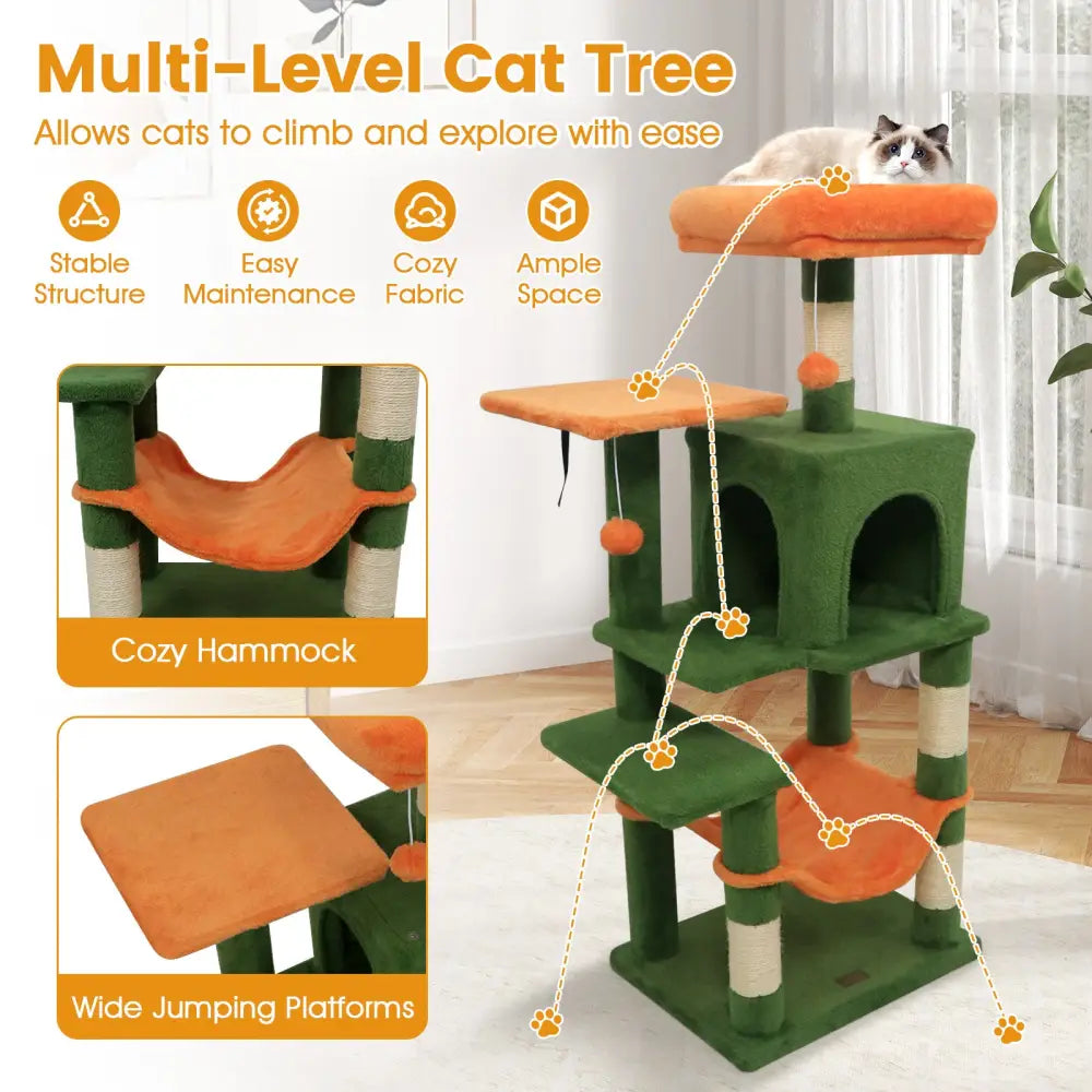 Multi-Level Cat Tower with 2-Door Condo and Padded Top Perch-Green - Green - Cat Trees Condos & Scratchers