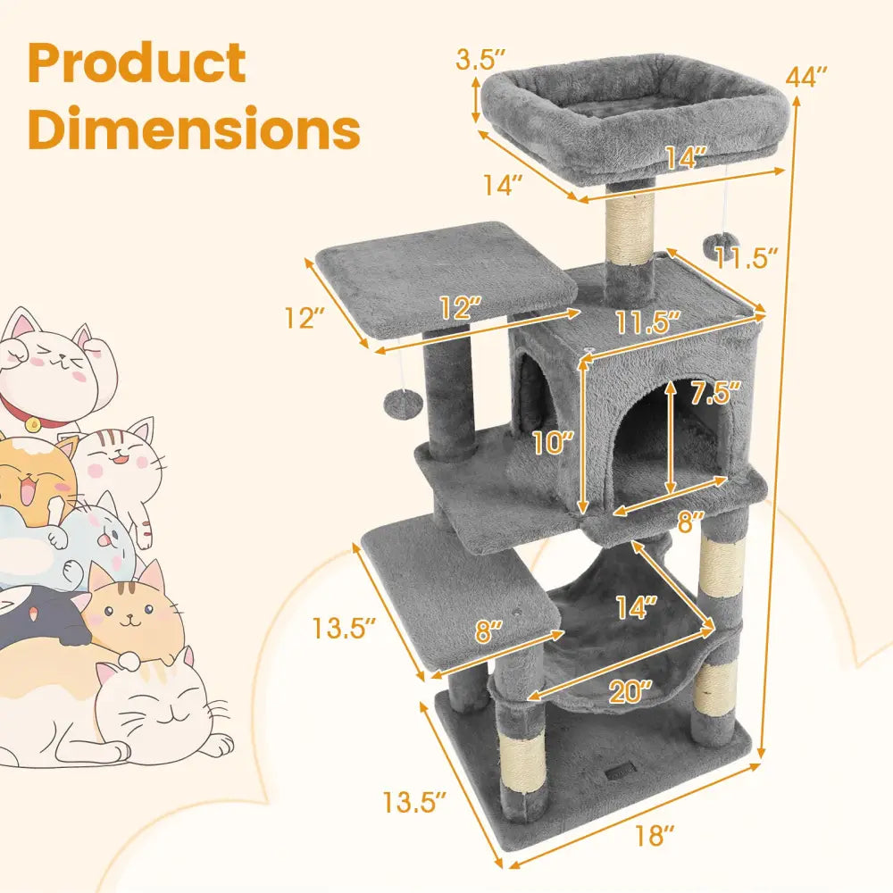 Multi-Level Cat Tower with 2-Door Condo and Padded Top Perch-Light Gray - Light Gray - Cat Trees Condos & Scratchers