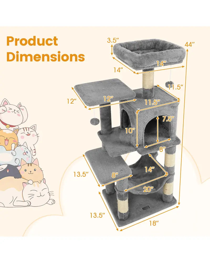 Multi-Level Cat Tower with 2-Door Condo and Padded Top Perch-Light Gray - Light Gray - Cat Trees Condos & Scratchers
