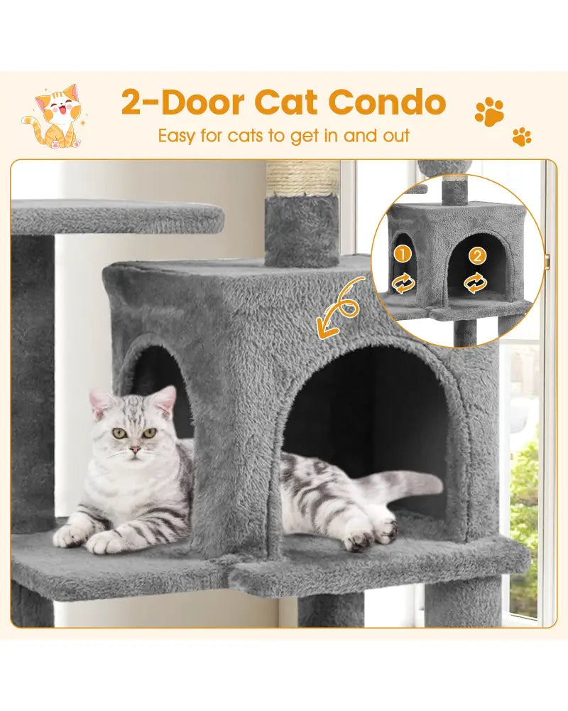 Multi-Level Cat Tower with 2-Door Condo and Padded Top Perch-Light Gray - Light Gray - Cat Trees Condos & Scratchers