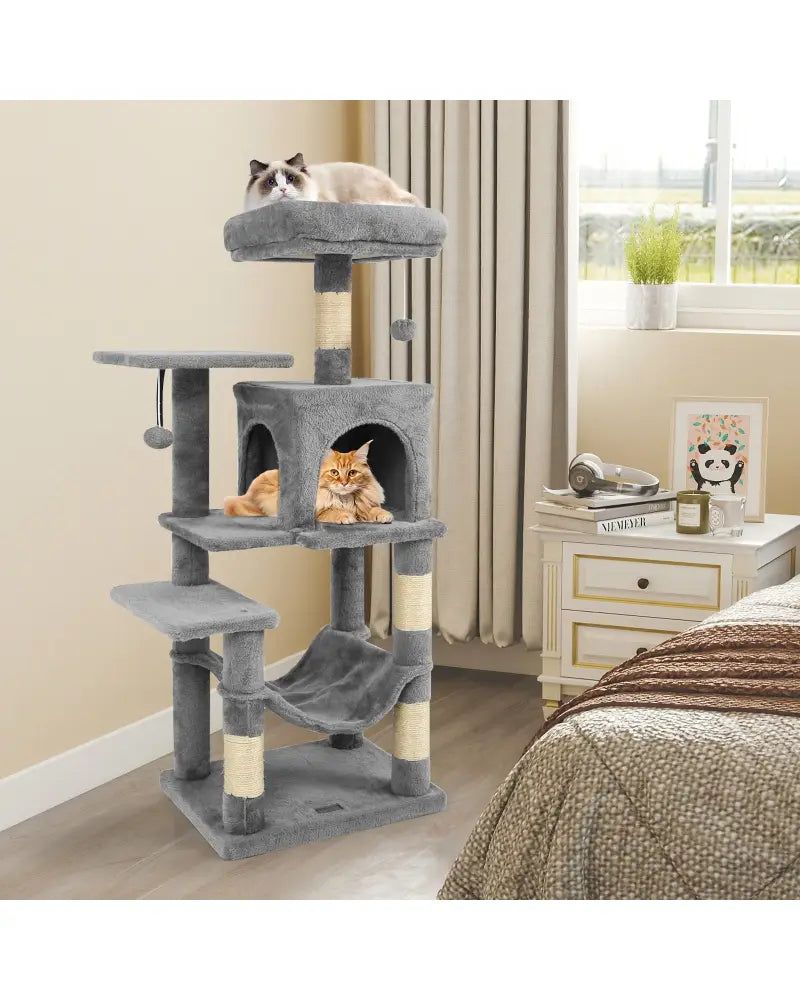 Multi-Level Cat Tower with 2-Door Condo and Padded Top Perch-Light Gray - Light Gray - Cat Trees Condos & Scratchers