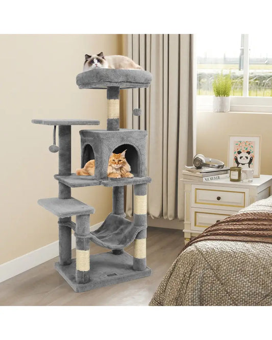 Multi-Level Cat Tower with 2-Door Condo and Padded Top Perch-Light Gray - Light Gray - Cat Trees Condos & Scratchers