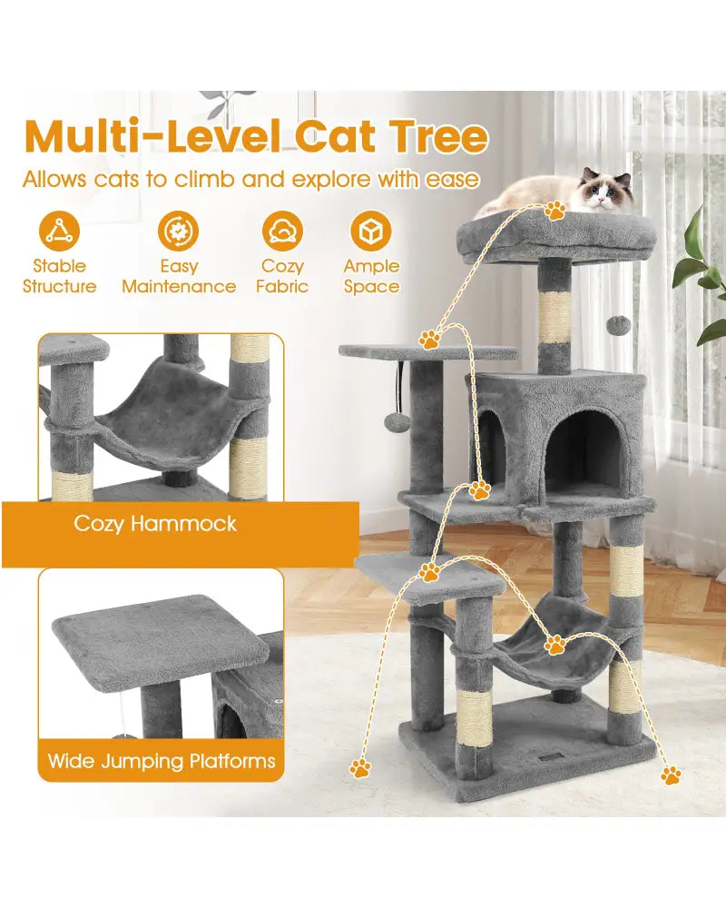 Multi-Level Cat Tower with 2-Door Condo and Padded Top Perch-Light Gray - Light Gray - Cat Trees Condos & Scratchers