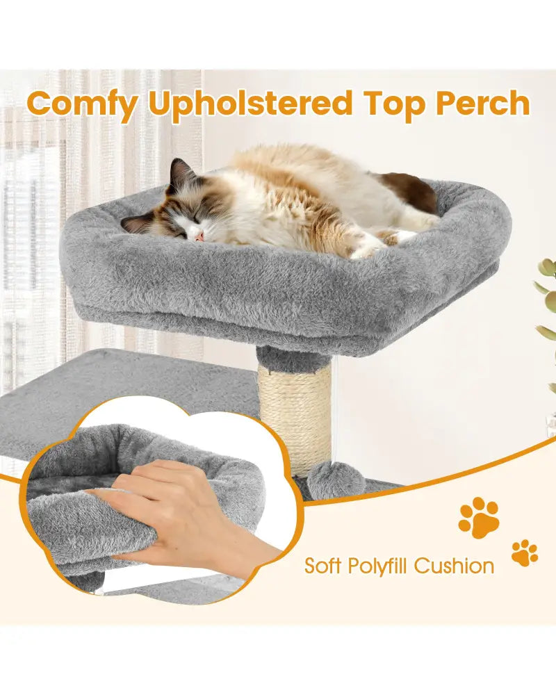 Multi-Level Cat Tower with 2-Door Condo and Padded Top Perch-Light Gray - Light Gray - Cat Trees Condos & Scratchers