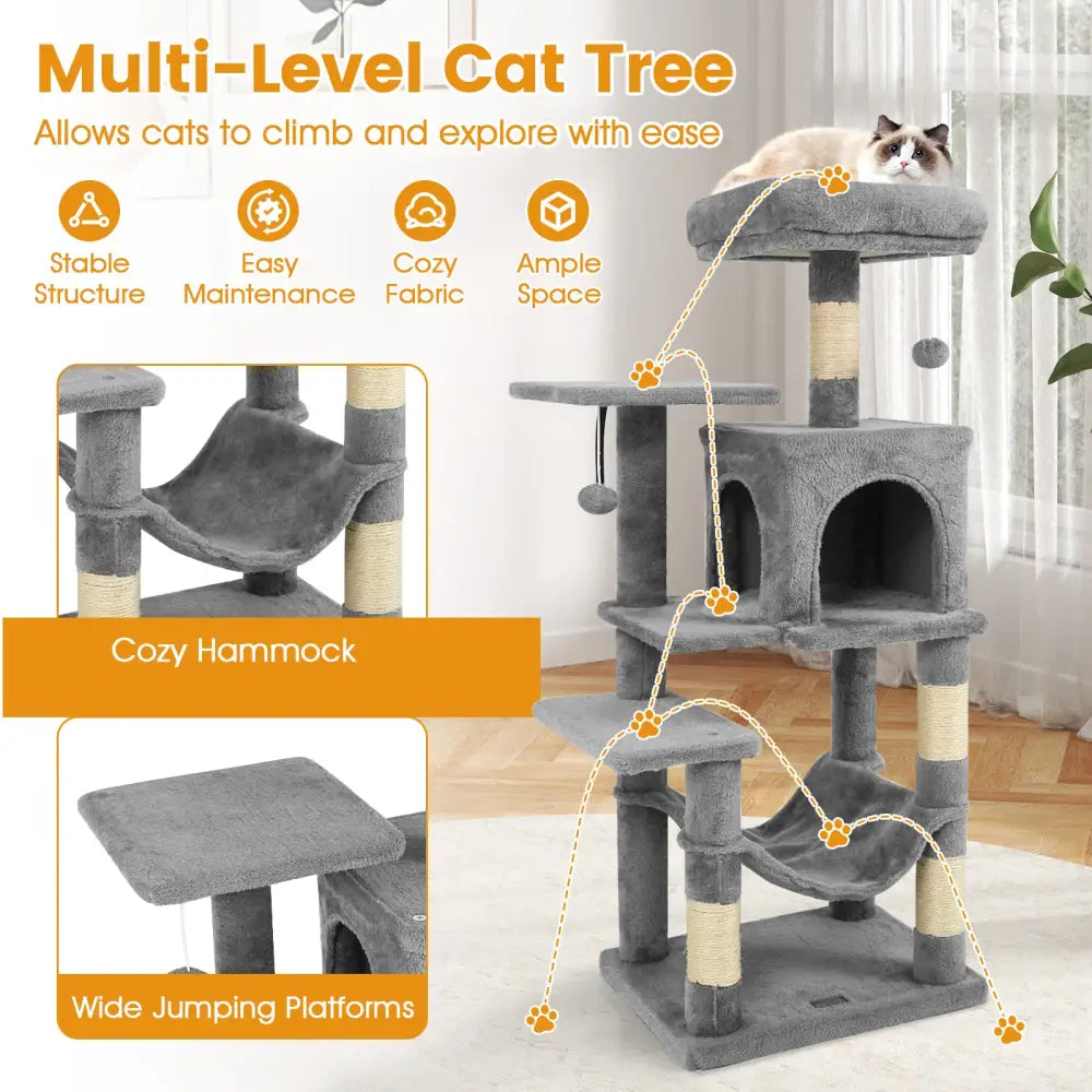 Multi-Level Cat Tower with 2-Door Condo and Padded Top Perch-Light Gray - Light Gray - Cat Trees Condos & Scratchers
