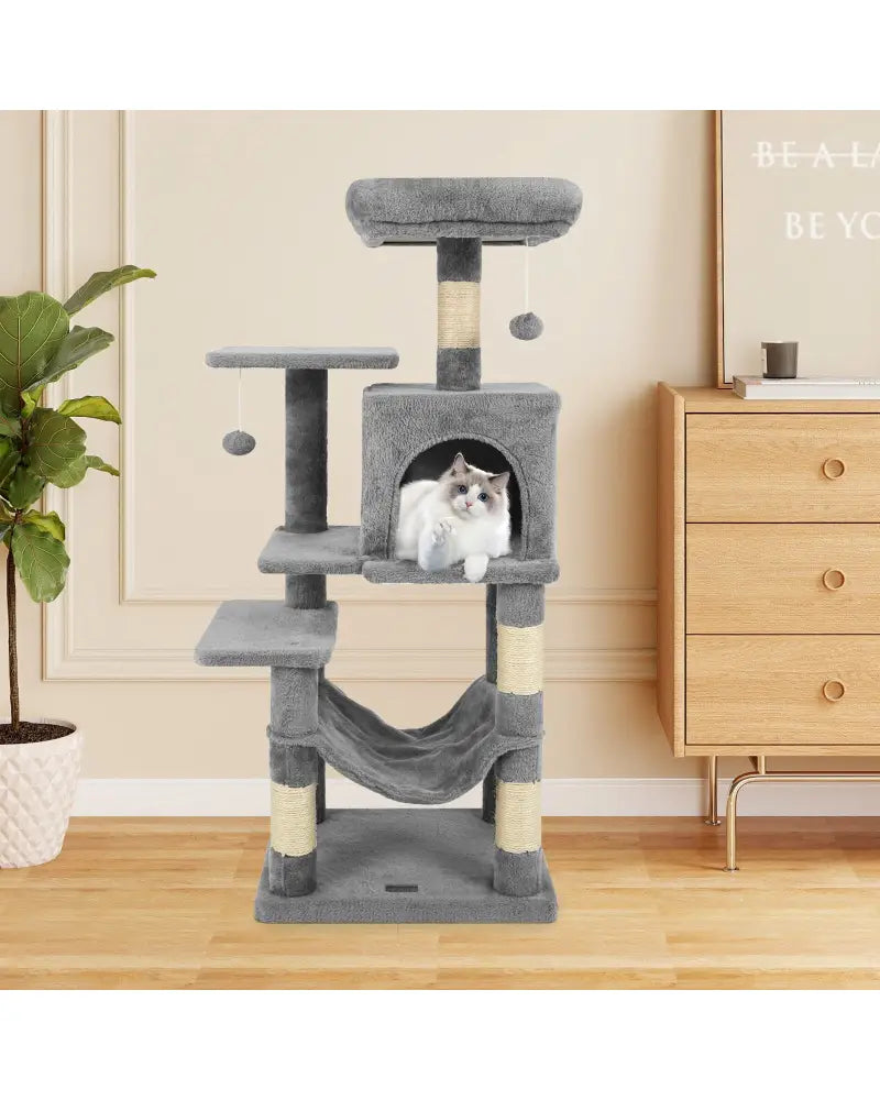 Multi-Level Cat Tower with 2-Door Condo and Padded Top Perch-Light Gray - Light Gray - Cat Trees Condos & Scratchers