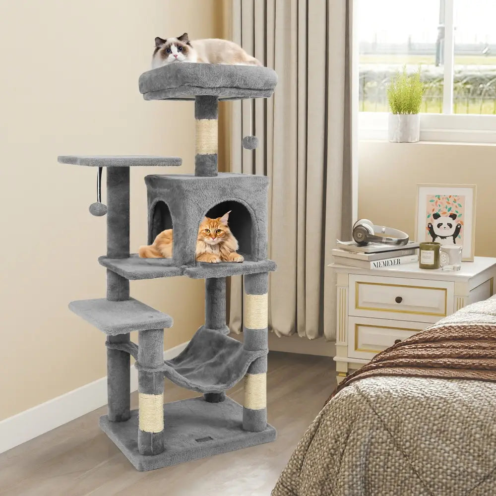 Multi-Level Cat Tower with 2-Door Condo and Padded Top Perch-Light Gray - Light Gray - Cat Trees Condos & Scratchers