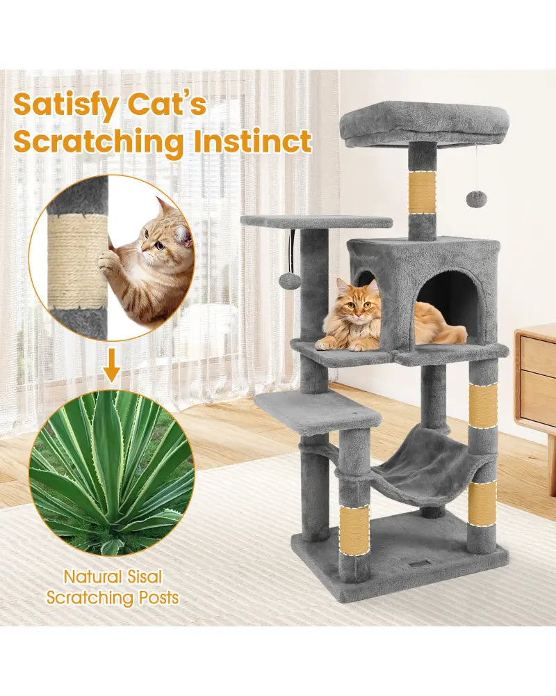 Multi-Level Cat Tower with 2-Door Condo and Padded Top Perch-Light Gray - Light Gray - Cat Trees Condos & Scratchers