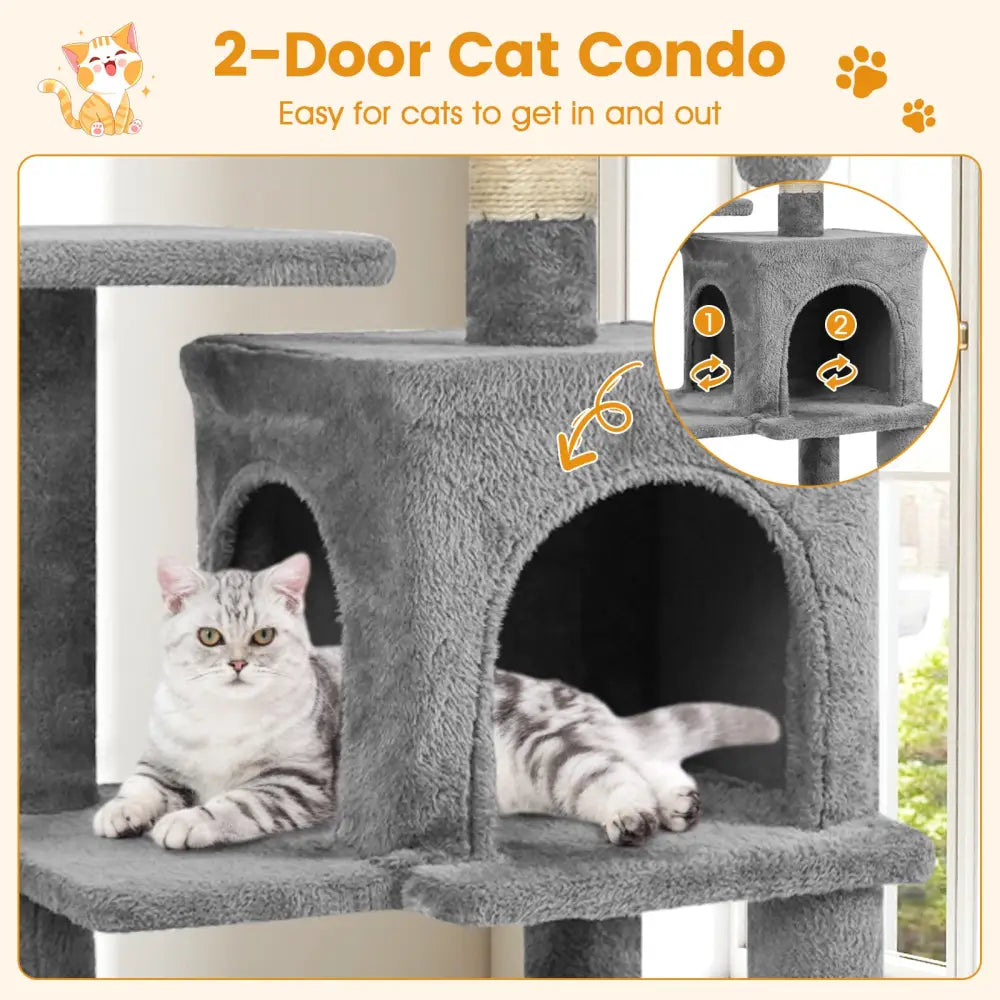 Multi-Level Cat Tower with 2-Door Condo and Padded Top Perch-Light Gray - Light Gray - Cat Trees Condos & Scratchers