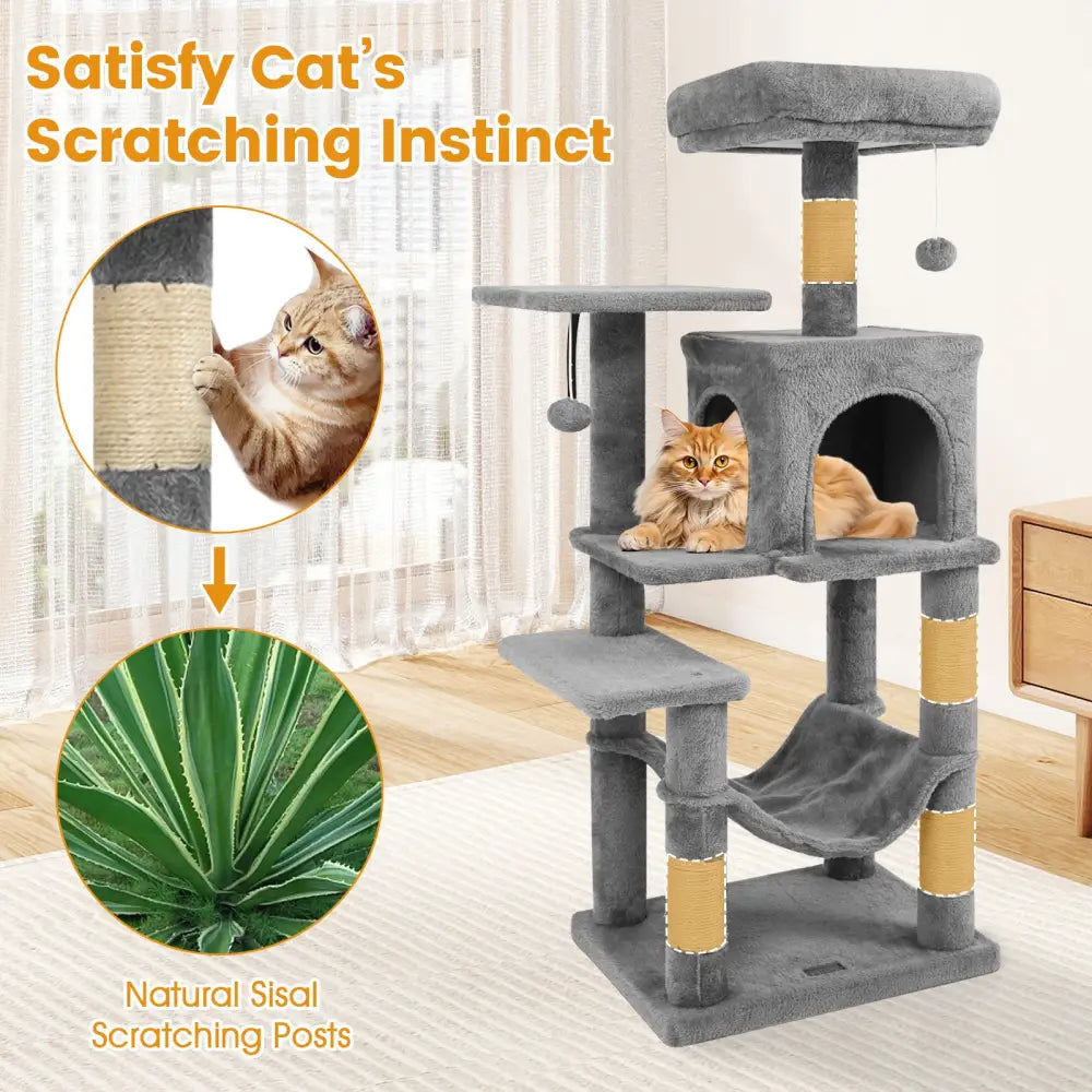 Multi-Level Cat Tower with 2-Door Condo and Padded Top Perch-Light Gray - Light Gray - Cat Trees Condos & Scratchers