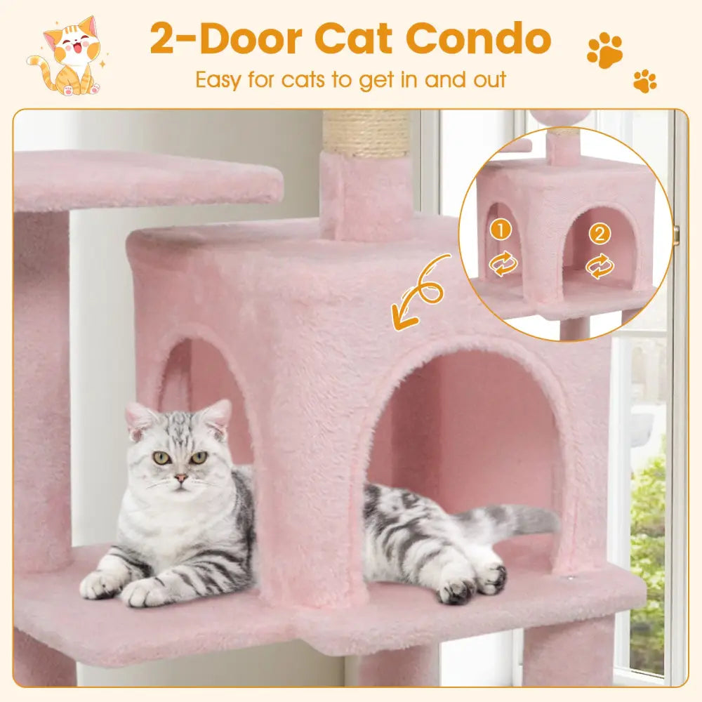 Multi-Level Cat Tower with 2-Door Condo and Padded Top Perch-Pink - Pink - Cat Trees Condos & Scratchers