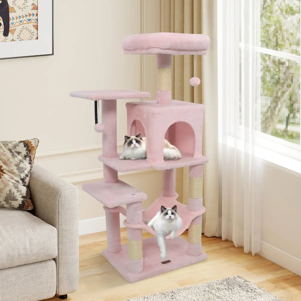 Multi-Level Cat Tower with 2-Door Condo and Padded Top Perch-Pink - Pink - Cat Trees Condos & Scratchers
