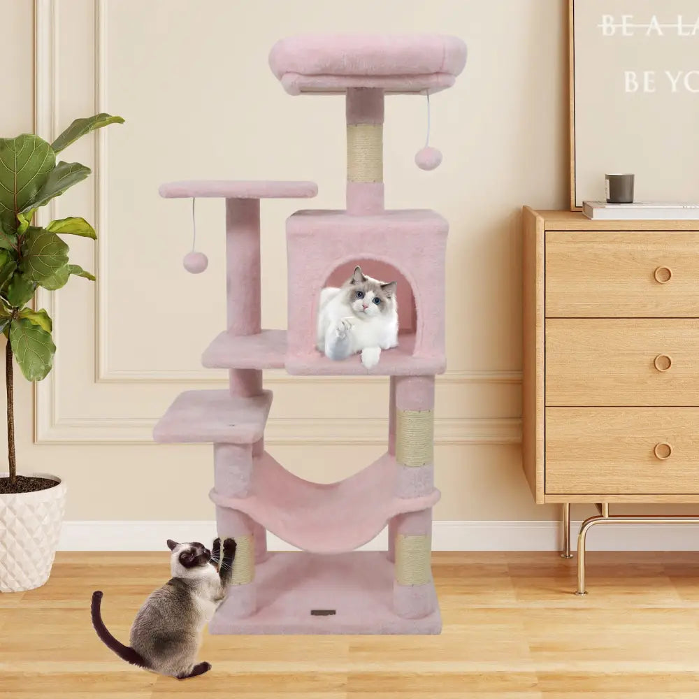 Multi-Level Cat Tower with 2-Door Condo and Padded Top Perch-Pink - Pink - Cat Trees Condos & Scratchers