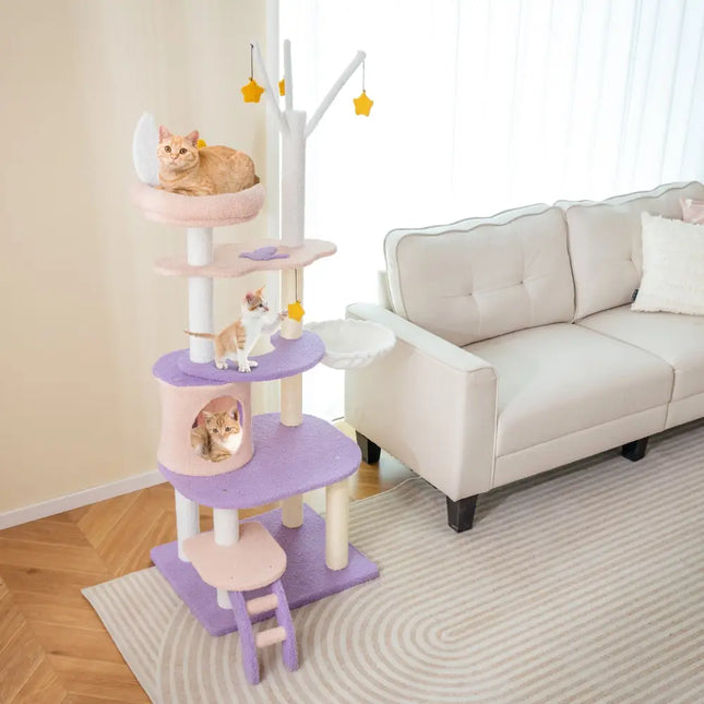 Multi-level Cat Tower with Sisal Covered Scratching Posts-M - Purple - Cat Trees Condos & Scratchers