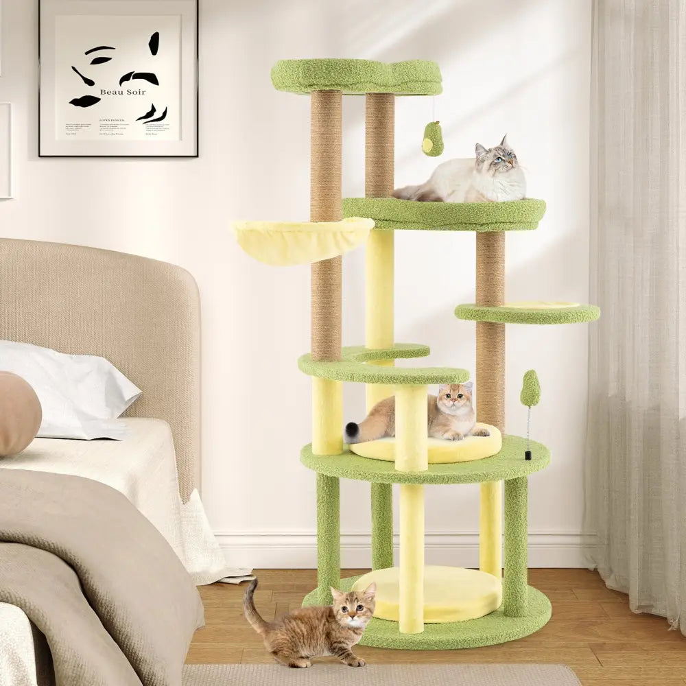 Multi-level Cat Tree Avocado Theme Cat Tower with Wide Perch Rotatable Basket-Green - Green - Cat Trees Condos &