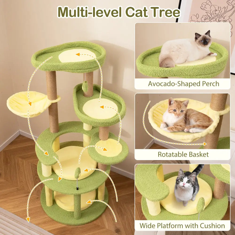 Multi-level Cat Tree Avocado Theme Cat Tower with Wide Perch Rotatable Basket-Green - Green - Cat Trees Condos &