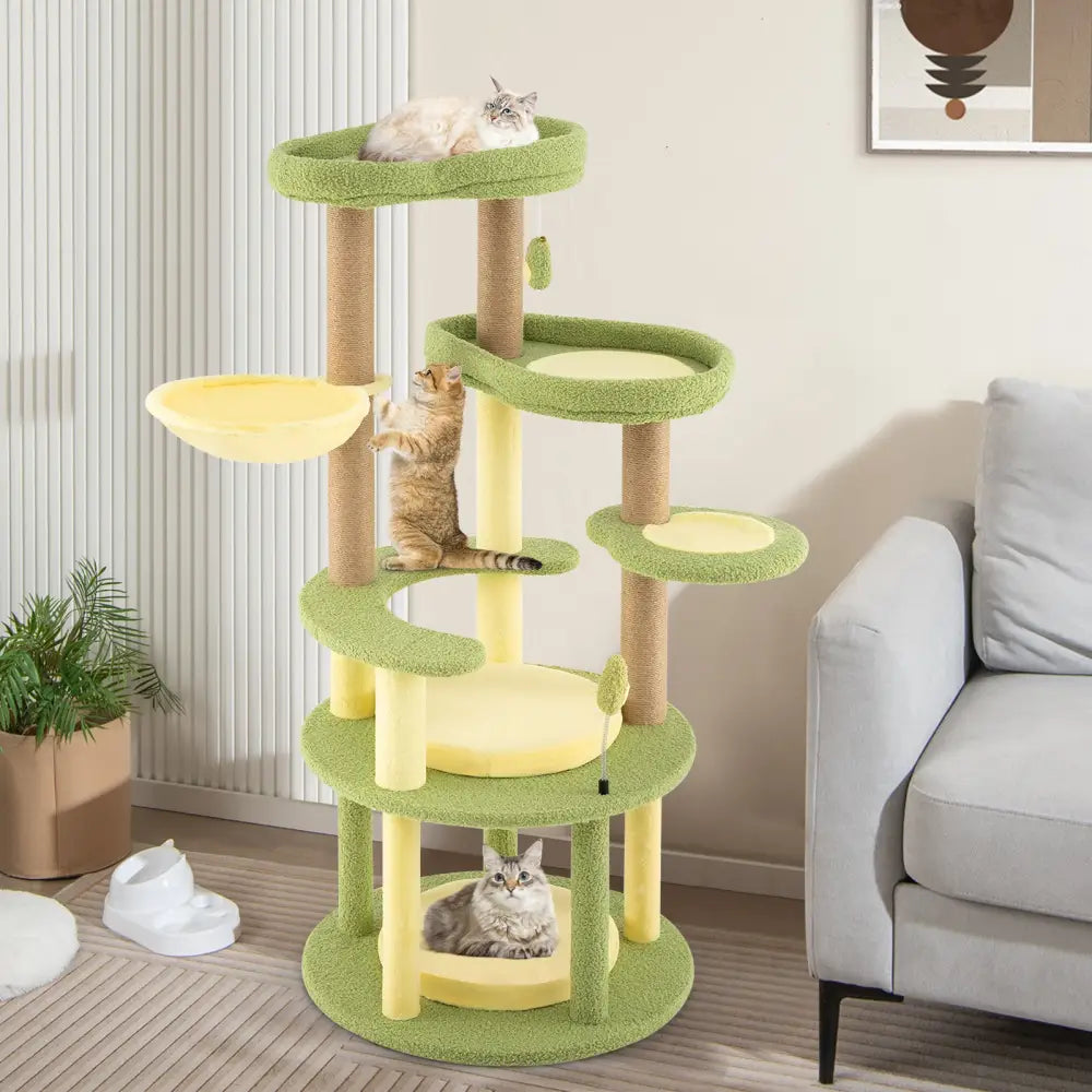 Multi-level Cat Tree Avocado Theme Cat Tower with Wide Perch Rotatable Basket-Green - Green - Cat Trees Condos &