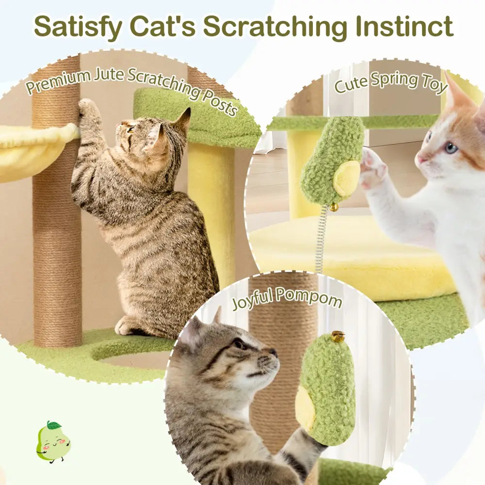 Multi-level Cat Tree Avocado Theme Cat Tower with Wide Perch Rotatable Basket-Green - Green - Cat Trees Condos &