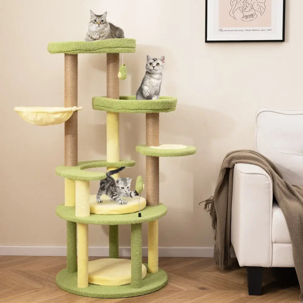Multi-level Cat Tree Avocado Theme Cat Tower with Wide Perch Rotatable Basket-Green - Green - Cat Trees Condos &