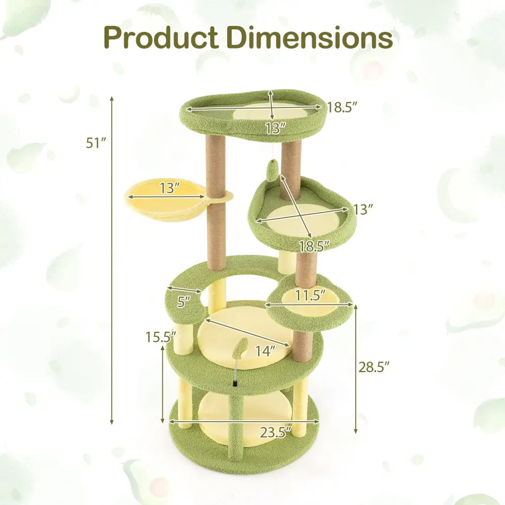 Multi-level Cat Tree Avocado Theme Cat Tower with Wide Perch Rotatable Basket-Green - Green - Cat Trees Condos &