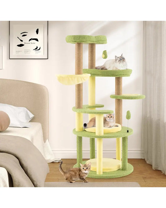 Multi-level Cat Tree Avocado Theme Cat Tower with Wide Perch Rotatable Basket-Green - Green - Cat Trees Condos &