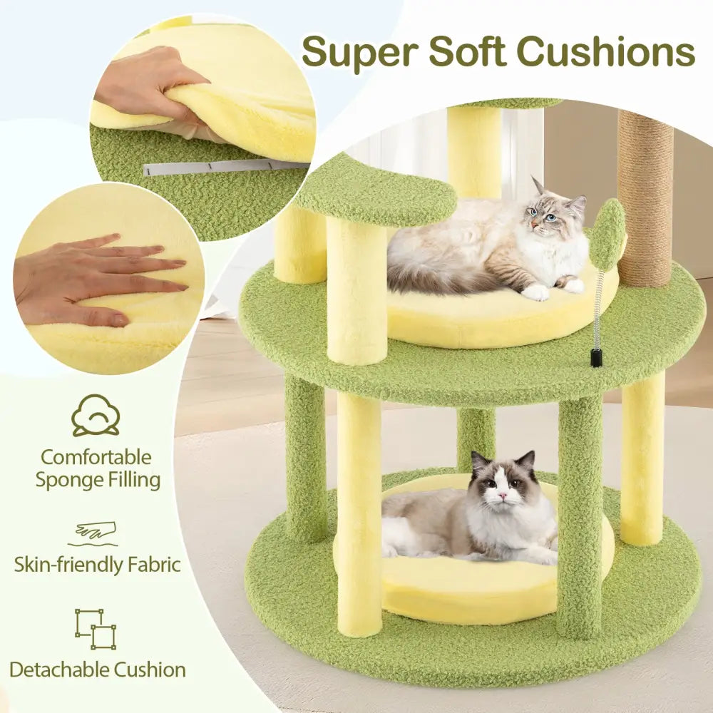 Multi-level Cat Tree Avocado Theme Cat Tower with Wide Perch Rotatable Basket-Green - Green - Cat Trees Condos &