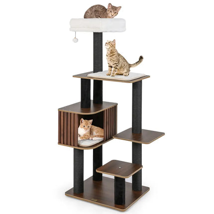 Multi-level Cat Tree for Indoor Cat 59.5 inch Tall Cat Tower with Cushion Top Perch-Brown - Brown - Cat Trees Condos &