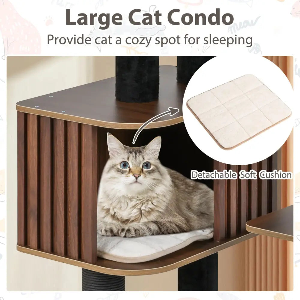 Multi-level Cat Tree for Indoor Cat 59.5 inch Tall Cat Tower with Cushion Top Perch-Brown - Brown - Cat Trees Condos &