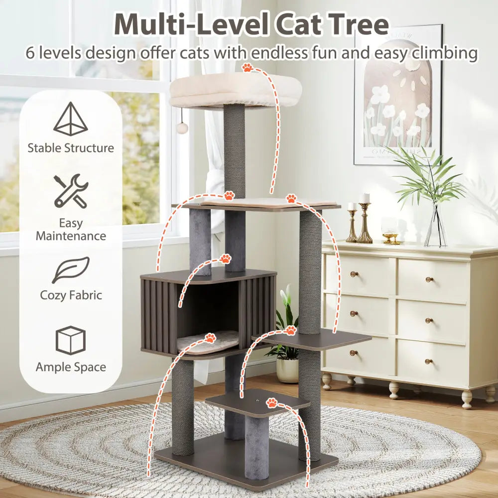 Multi-level Cat Tree for Indoor Cat 59.5 inch Tall Cat Tower with Cushion Top Perch-Gray - Gray - Cat Trees Condos &