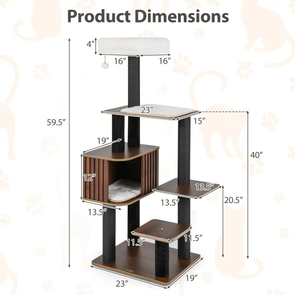 Multi-level Cat Tree for Indoor Cat 59.5 inch Tall Cat Tower with Cushion Top Perch-Brown - Brown - Cat Trees Condos &
