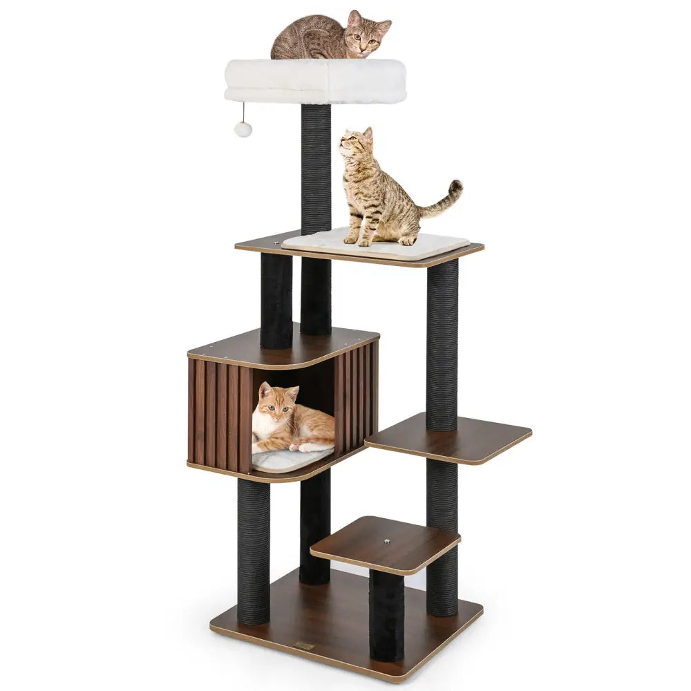 Multi-level Cat Tree for Indoor Cat 59.5 inch Tall Cat Tower with Cushion Top Perch-Brown - Brown - Cat Trees Condos &