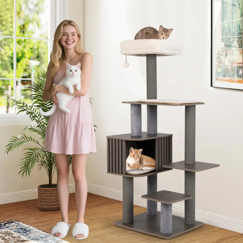 Multi-level Cat Tree for Indoor Cat 59.5 inch Tall Cat Tower with Cushion Top Perch-Gray - Gray - Cat Trees Condos &