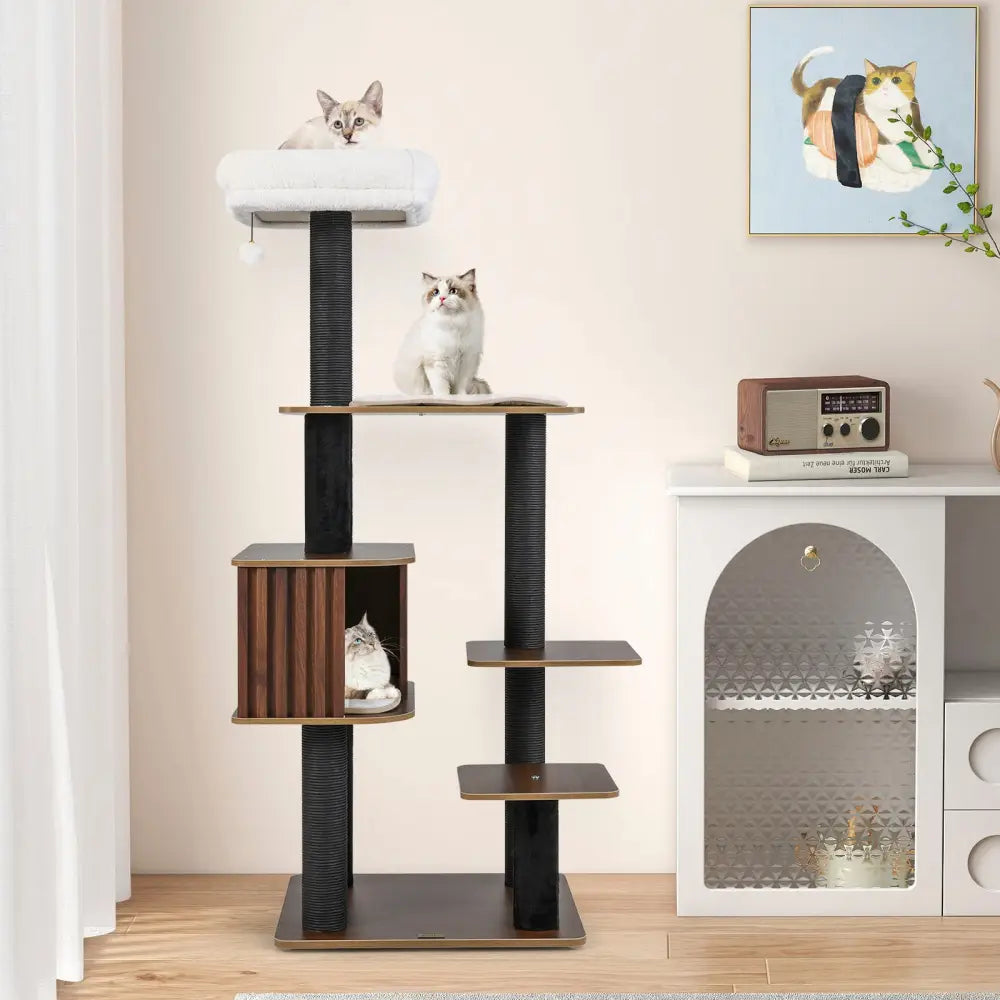 Multi-level Cat Tree for Indoor Cat 59.5 inch Tall Cat Tower with Cushion Top Perch-Brown - Brown - Cat Trees Condos &