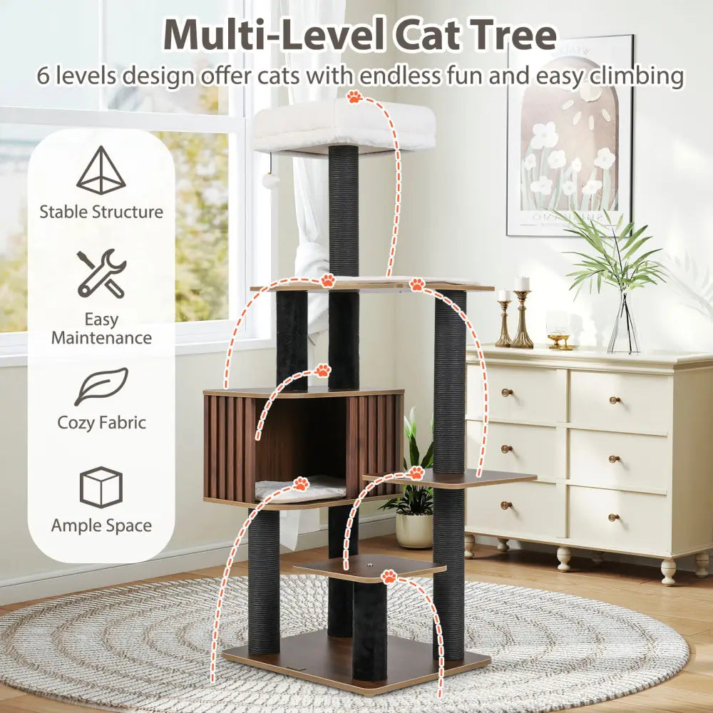 Multi-level Cat Tree for Indoor Cat 59.5 inch Tall Cat Tower with Cushion Top Perch-Brown - Brown - Cat Trees Condos &