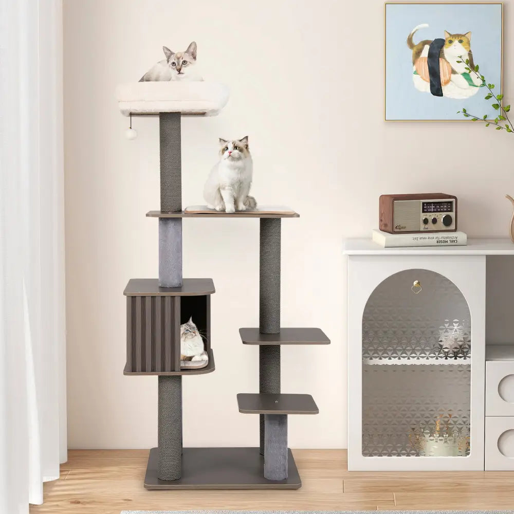 Multi-level Cat Tree for Indoor Cat 59.5 inch Tall Cat Tower with Cushion Top Perch-Gray - Gray - Cat Trees Condos &
