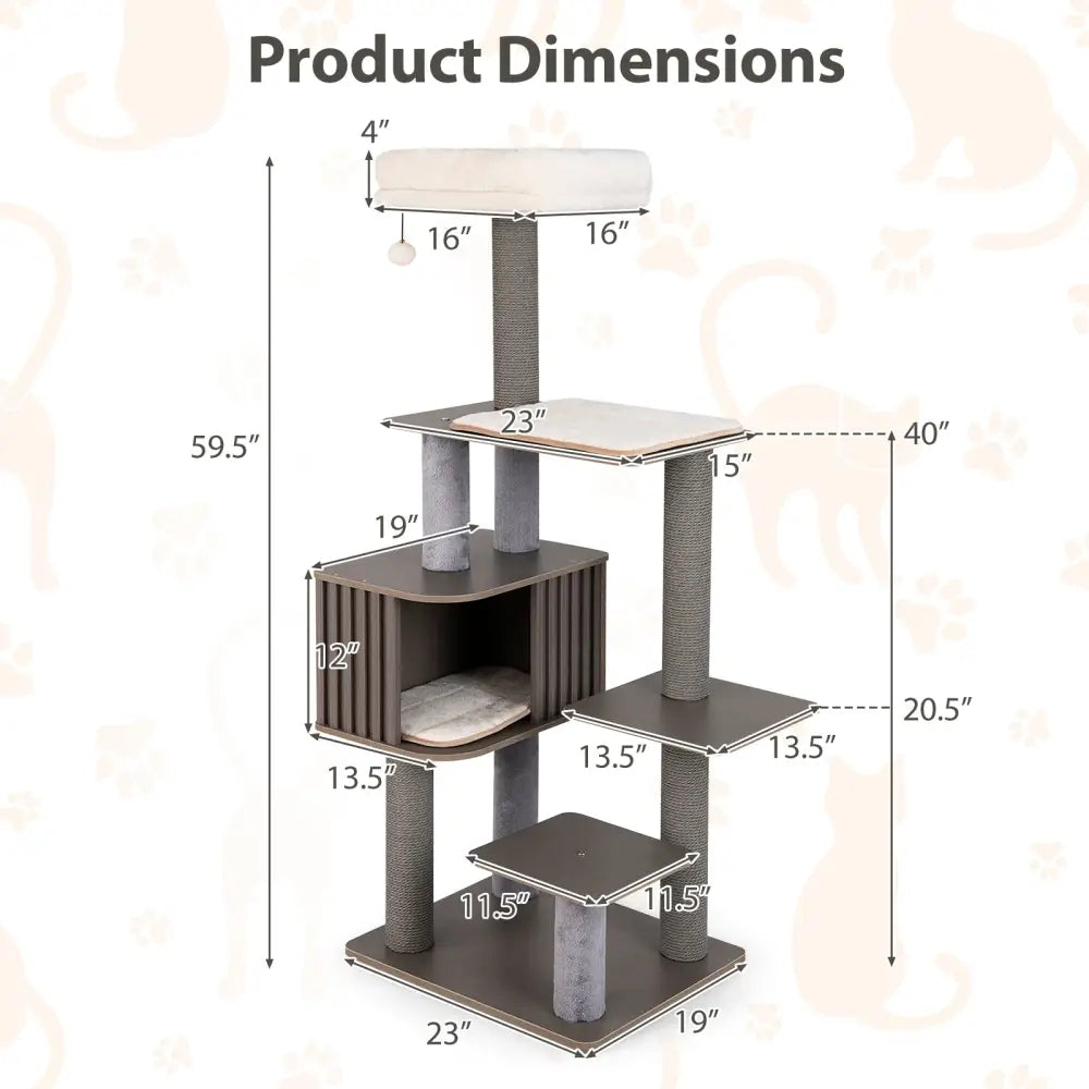 Multi-level Cat Tree for Indoor Cat 59.5 inch Tall Cat Tower with Cushion Top Perch-Gray - Gray - Cat Trees Condos &