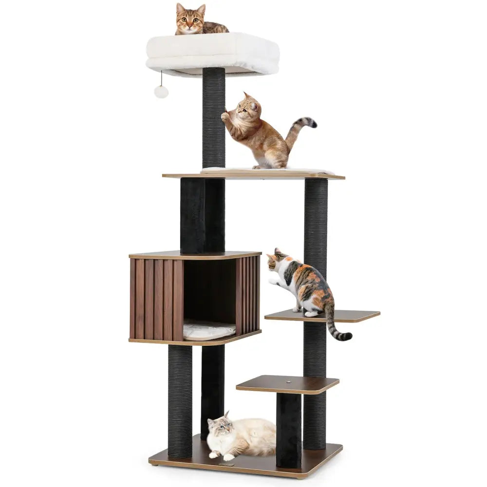Multi-level Cat Tree for Indoor Cat 59.5 inch Tall Cat Tower with Cushion Top Perch-Brown - Brown - Cat Trees Condos &